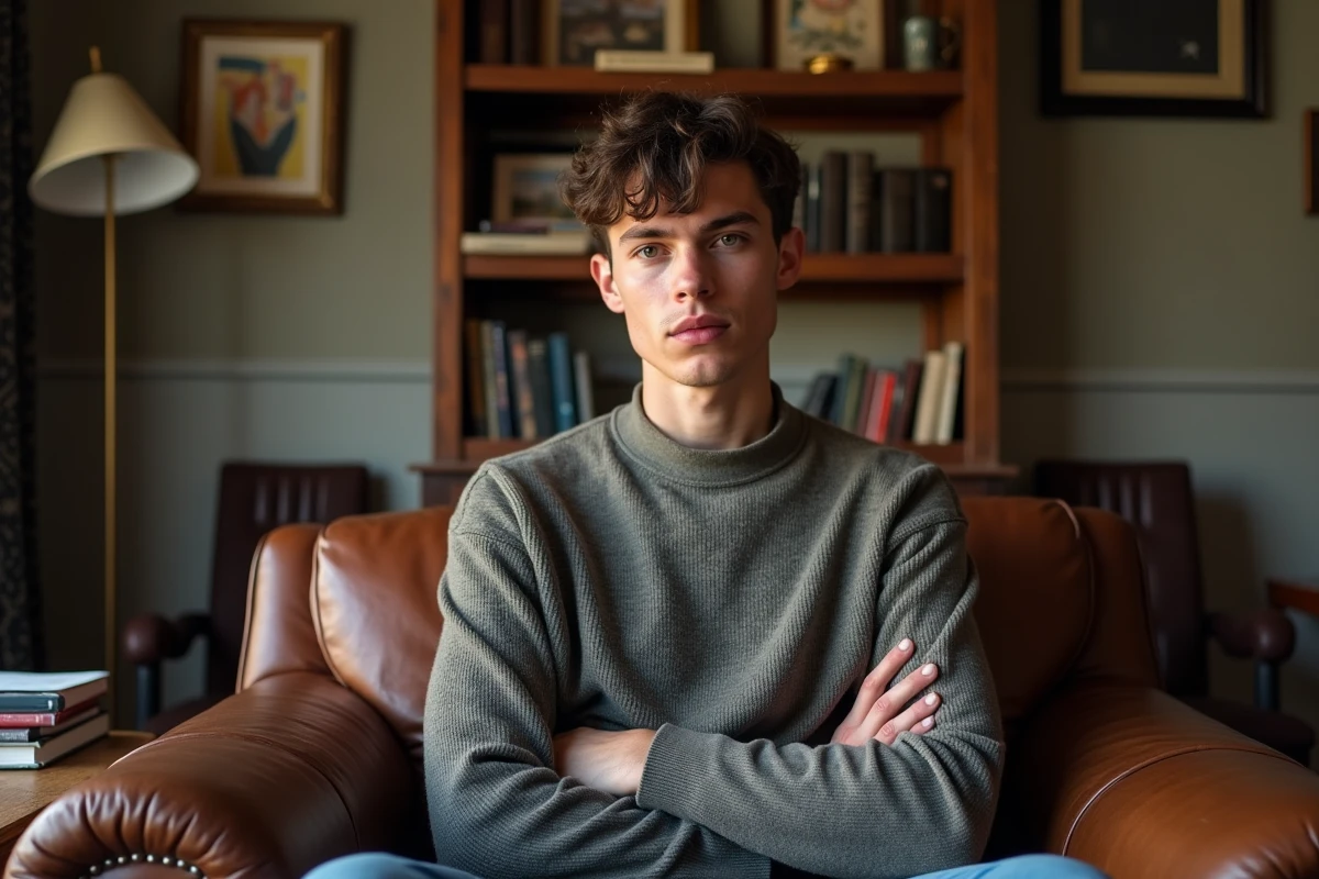 Acteur français assis dans un appartement cosy et vintage