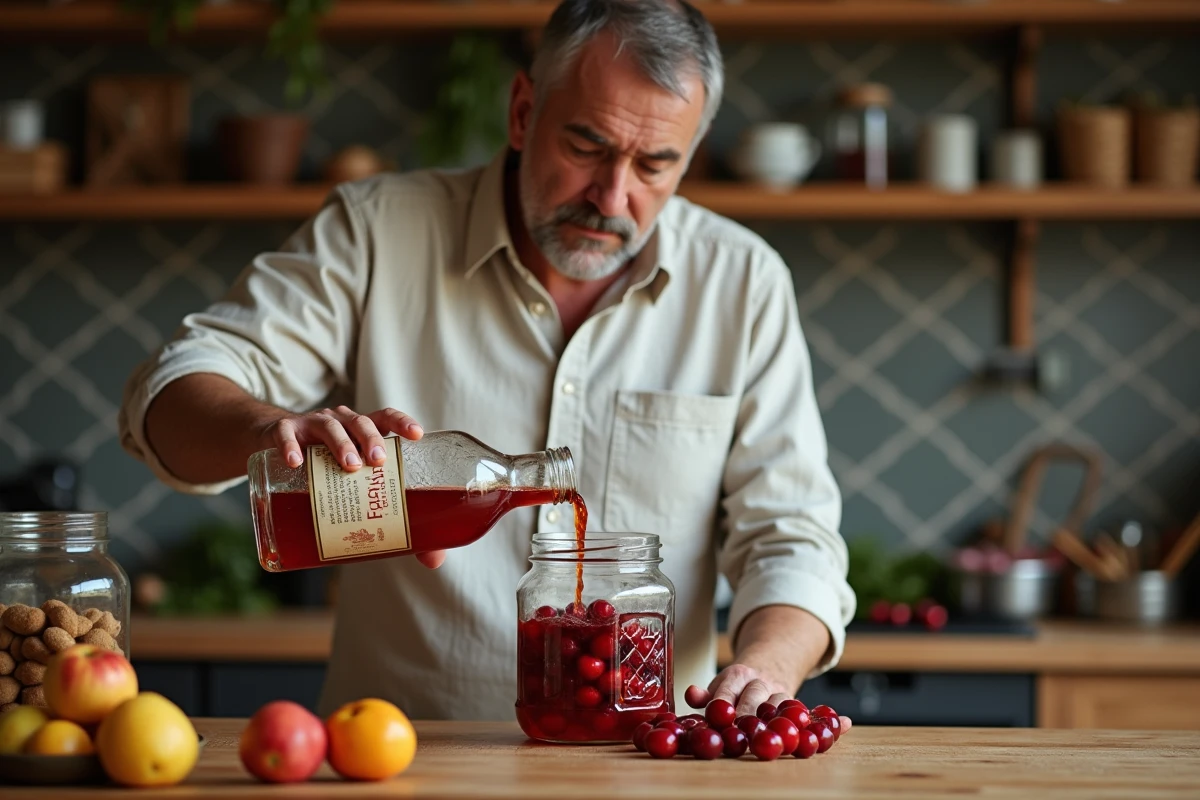 Homme versant de l'alcool pour fruits dans un bocal de cerises lors d'une préparation maison en cuisine