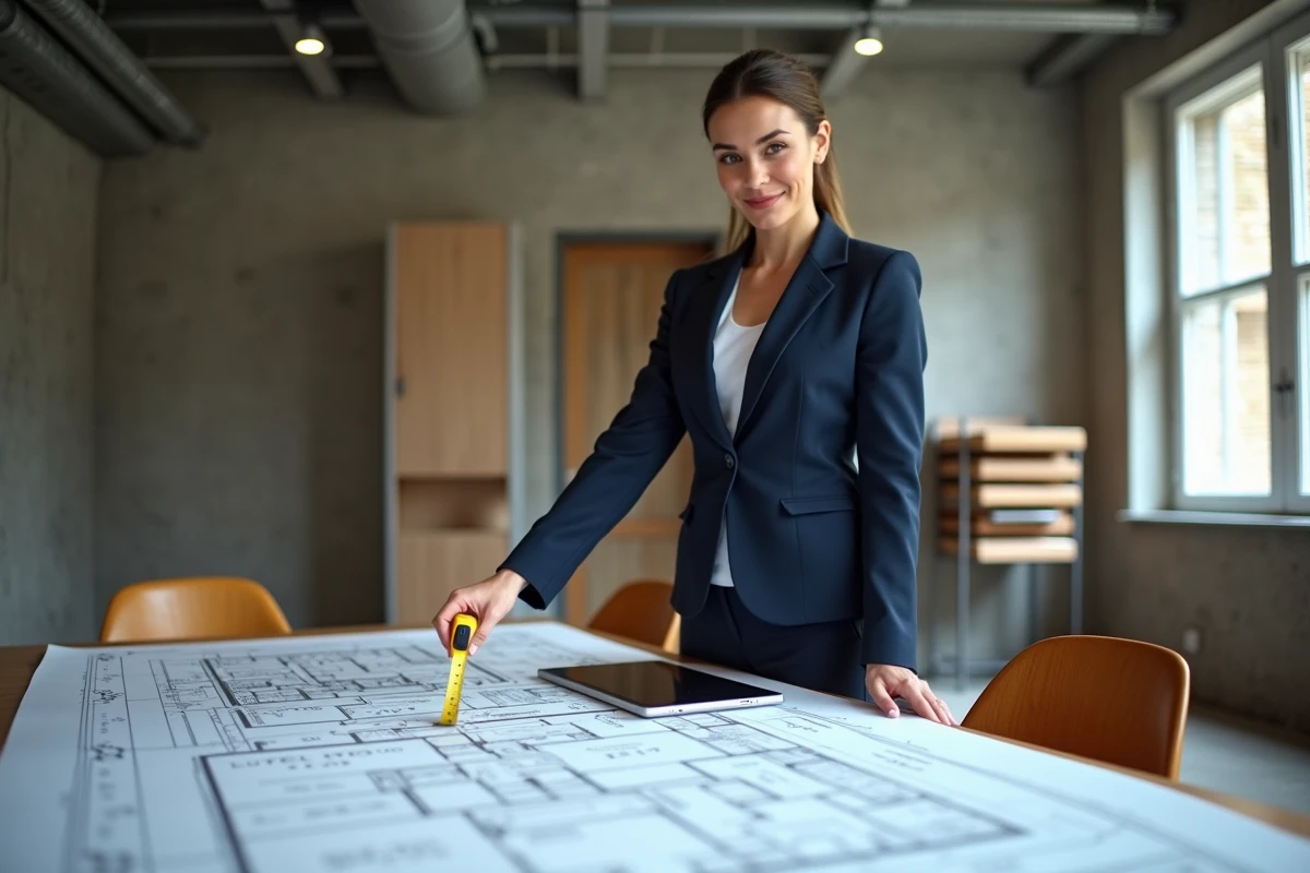 Designer intérieure mesurant et planifiant l'aménagement d'une salle de réunion pour grande capacité