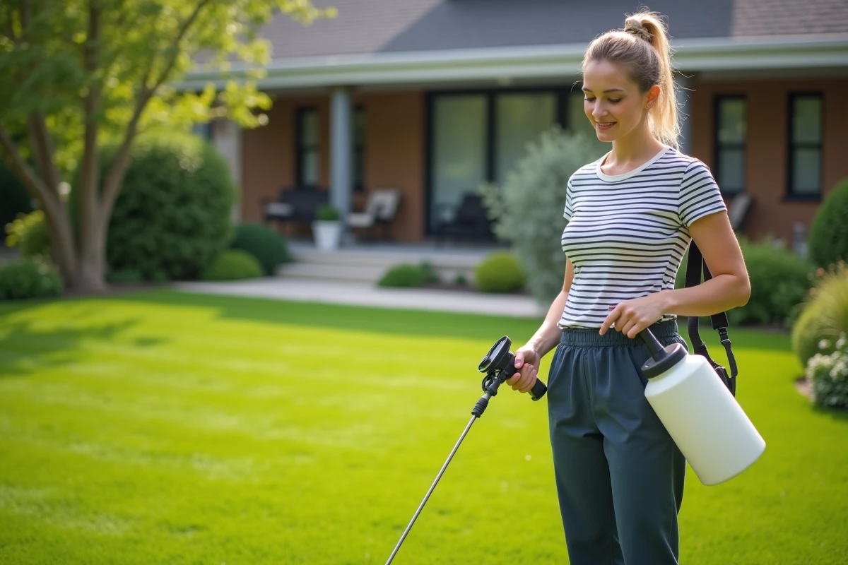 Femme appliquant un engrais liquide naturel sur une pelouse verte spacieuse avec un pulvérisateur de jardin