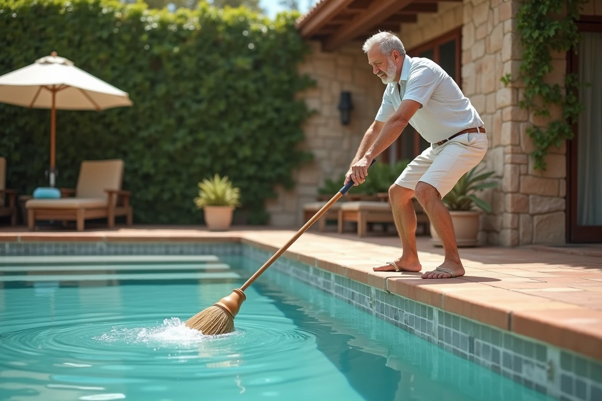 Homme brossant les parois d'une piscine enterrée pour maintenir la propreté de l'eau sans pompe de filtration