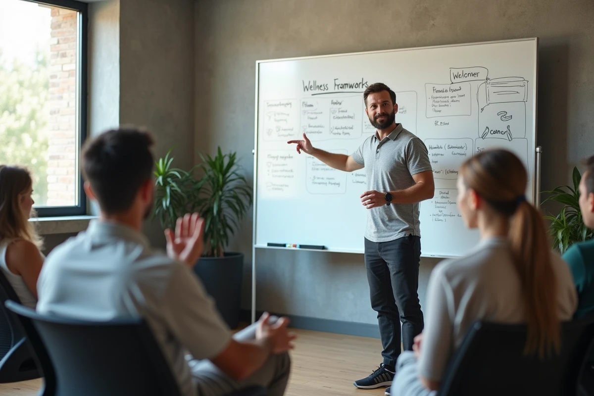 Coach bien-être masculin animant une session de formation devant un tableau blanc dans un studio professionnel