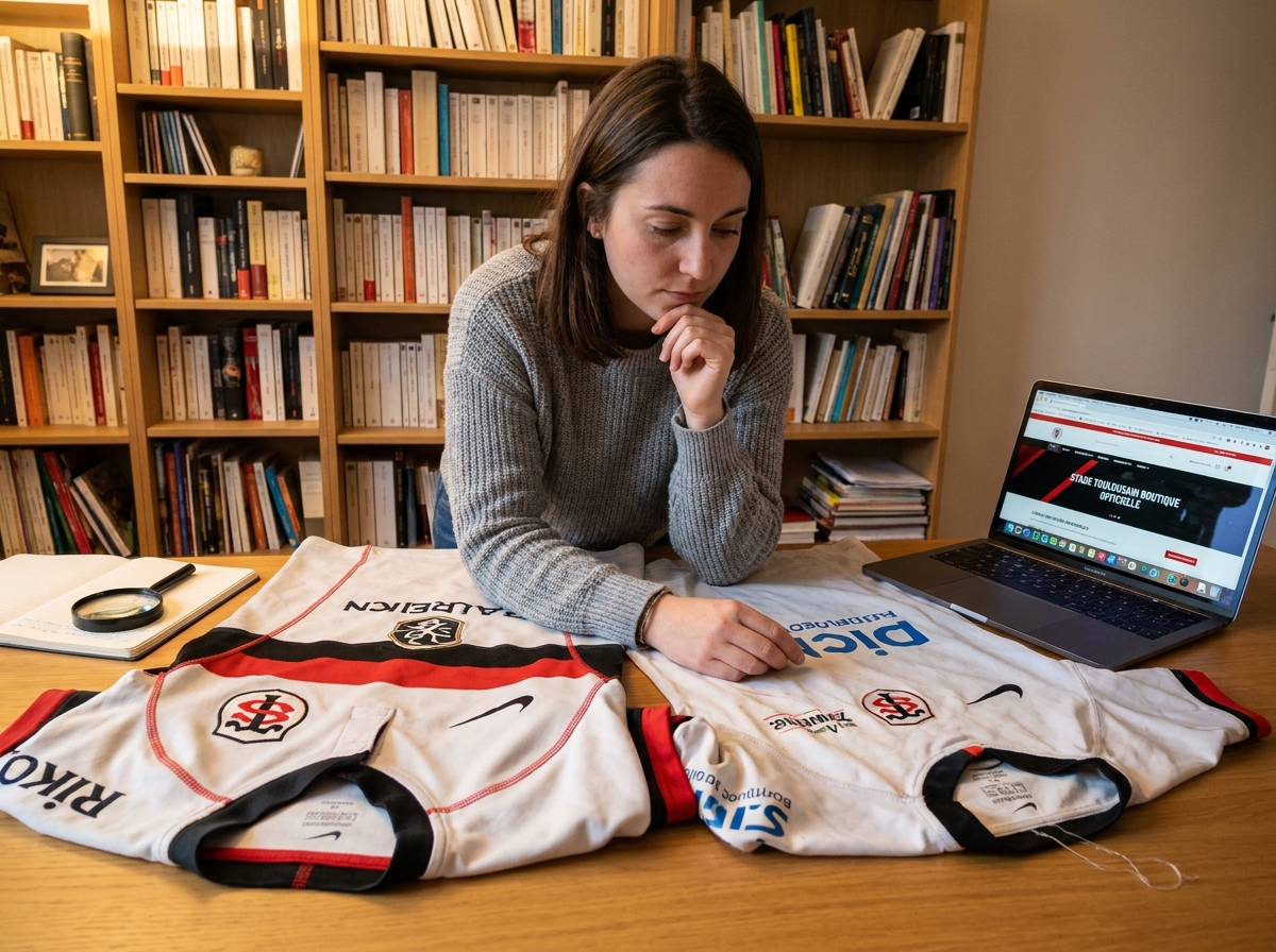 Femme comparant un maillot authentique et un maillot contrefait du Stade Toulousain sur un bureau à domicile