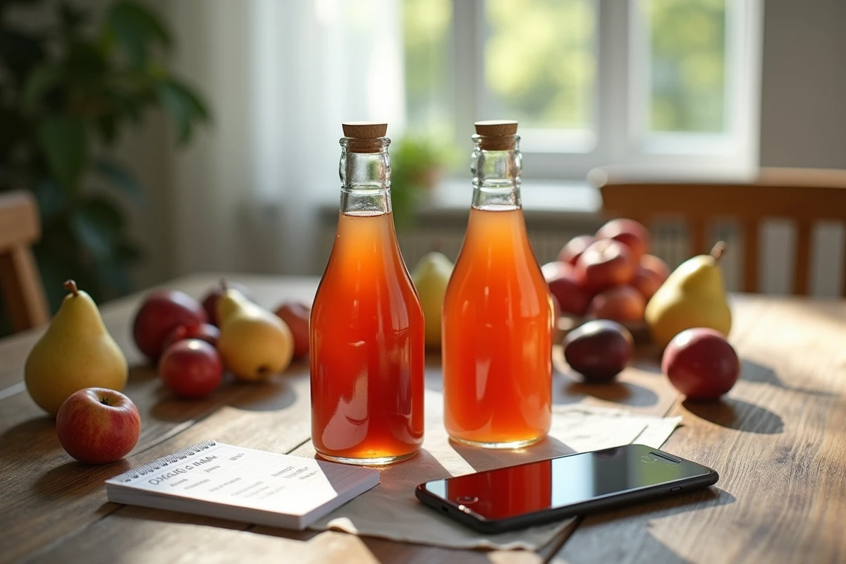 Bouteilles d'alcool pour fruits Leclerc posées sur une table avec comparatif de prix et fruits de saison