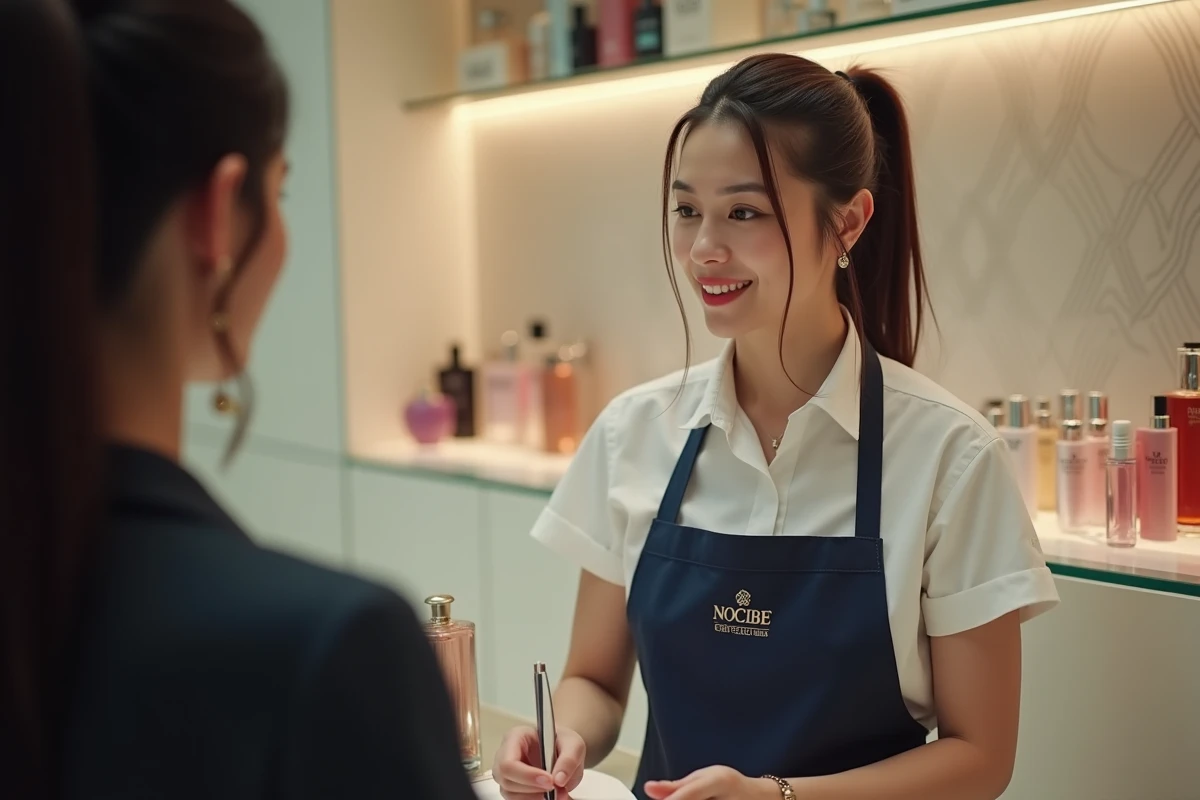 Conseillère beauté Nocibé expliquant la politique cruelty free à une cliente en boutique