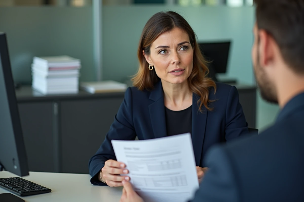 Conseillère financière expliquant les raisons d'un refus de prêt Action Logement à un client en agence