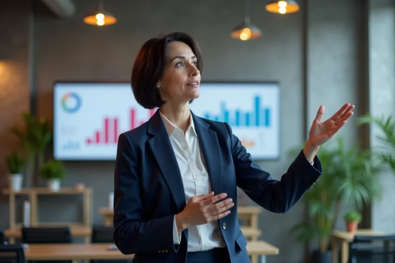 Consultante en agence web innovante présentant des résultats de présence en ligne sur un écran interactif dans un bureau moderne