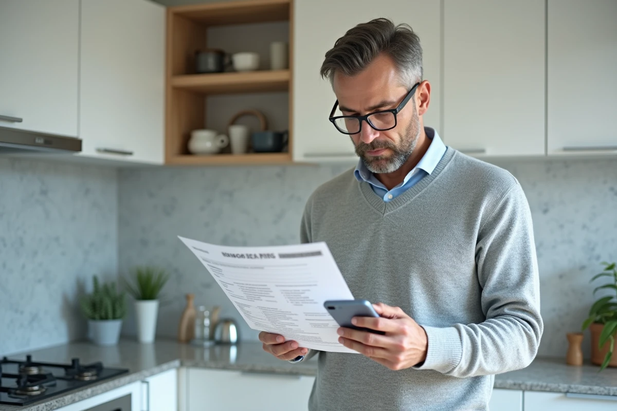 Homme consultant les coordonnées de la mutuelle Pacifica sur un document papier et son téléphone