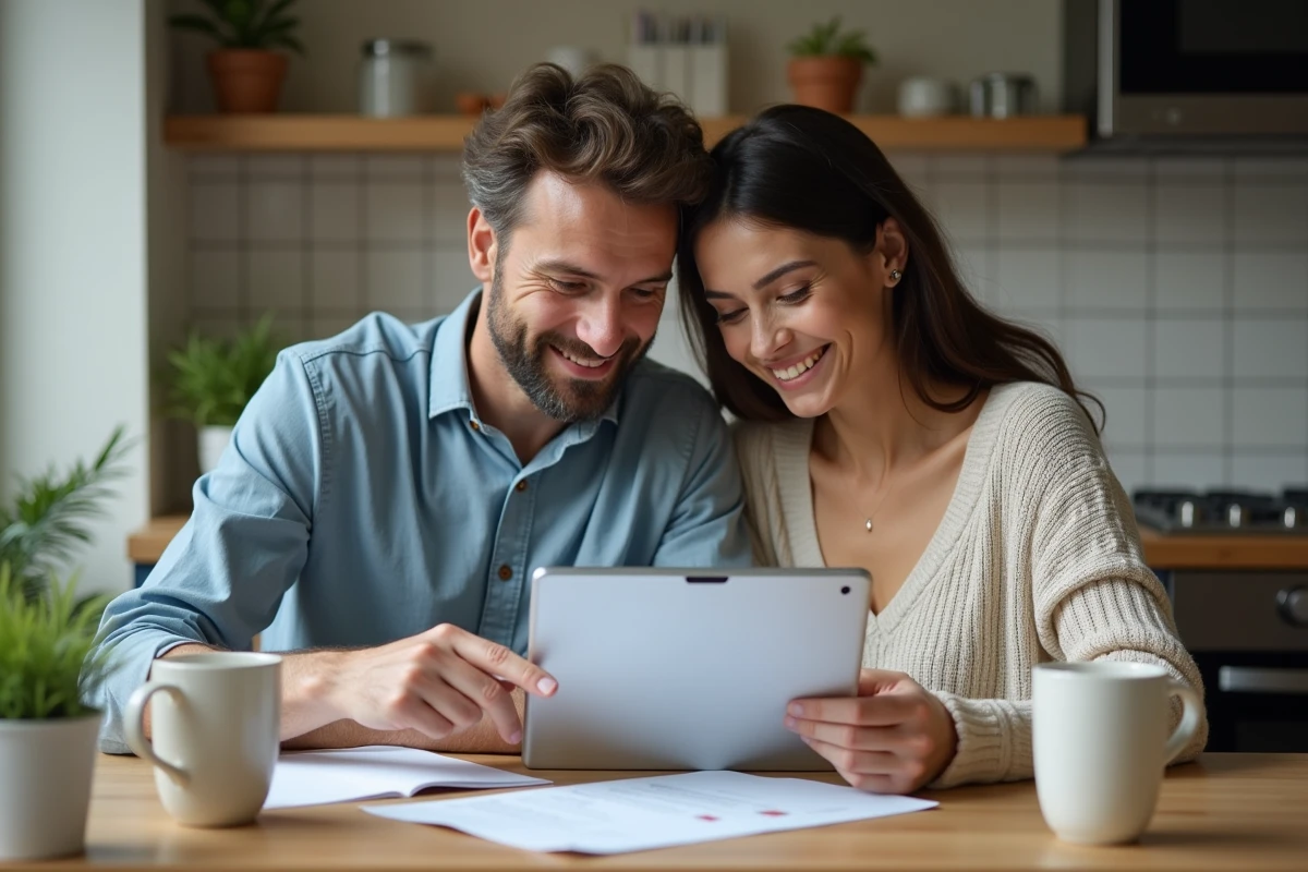 Couple en train de choisir et de comparer des offres d'assurance auto en ligne depuis leur cuisine