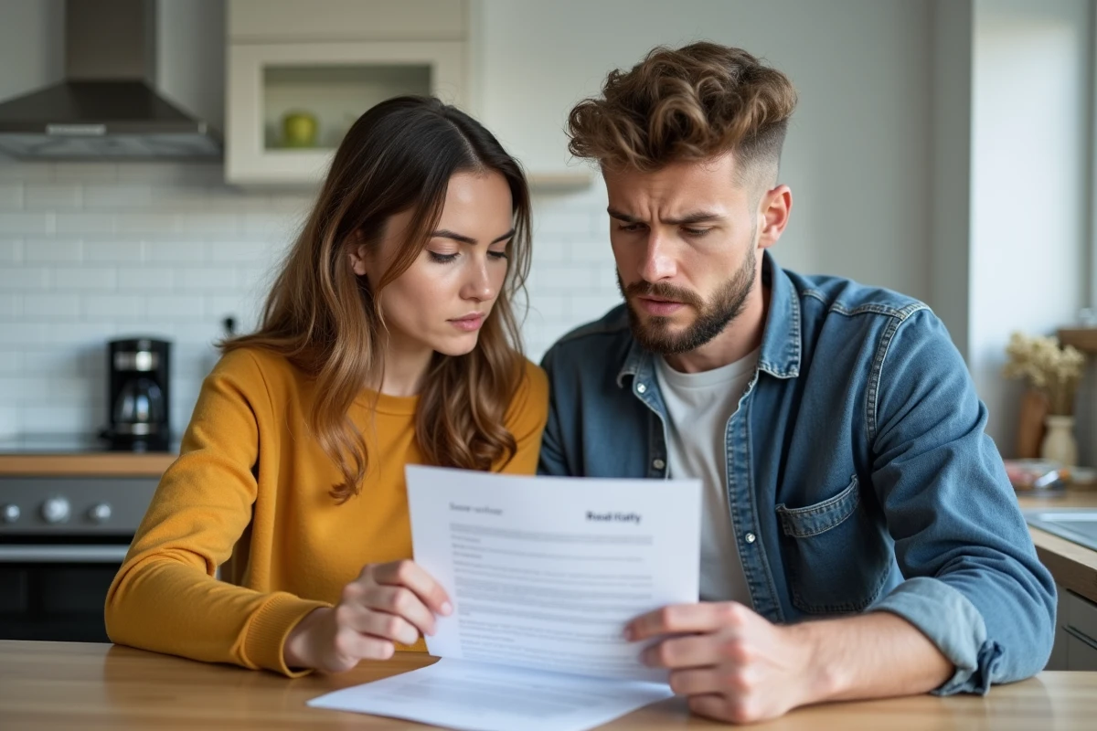 Couple examinant ensemble un document de refus de prêt immobilier Action Logement dans leur cuisine