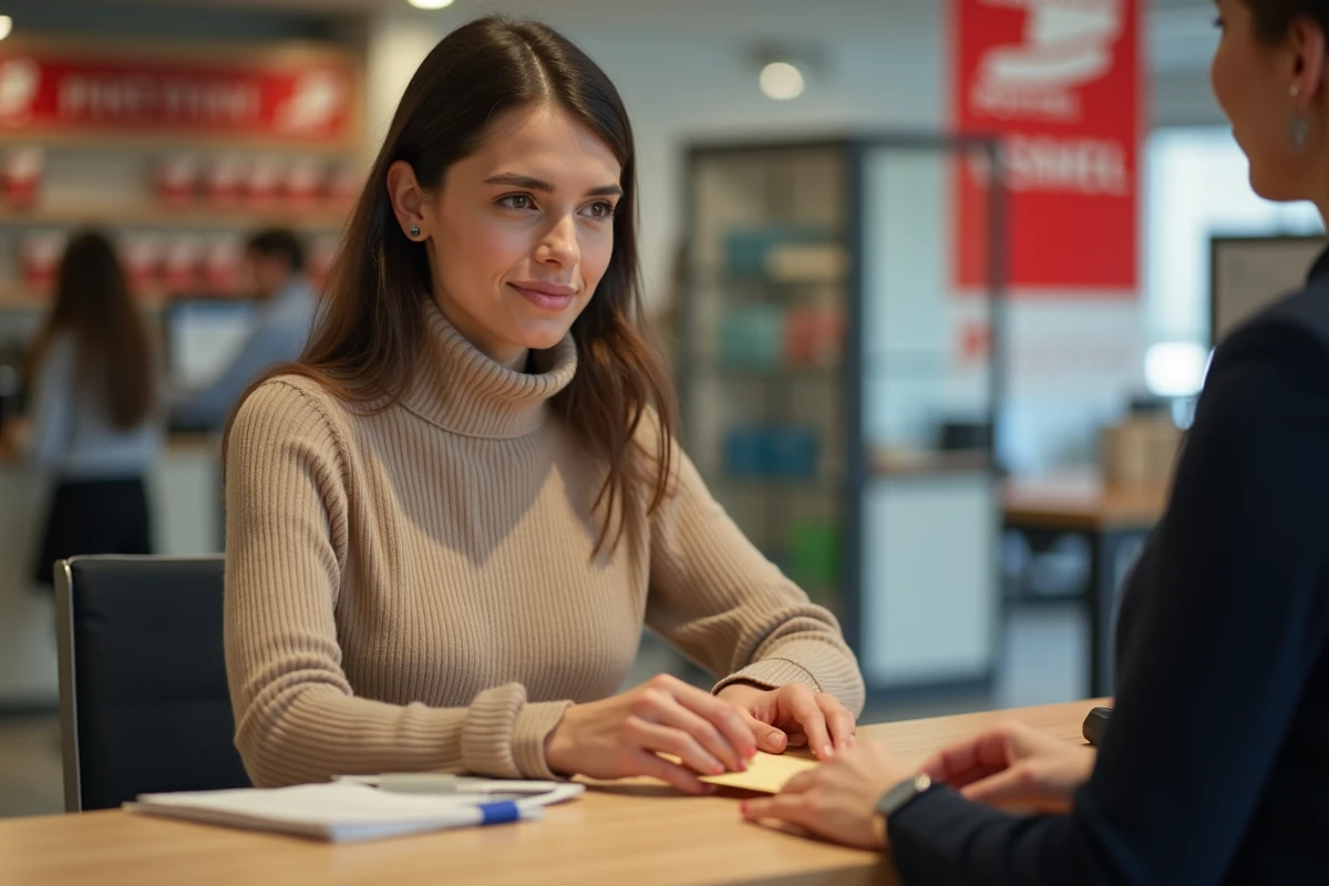 Jeune femme déposant une enveloppe au guichet de La Poste pour envoyer ses documents à la mutuelle Pacifica