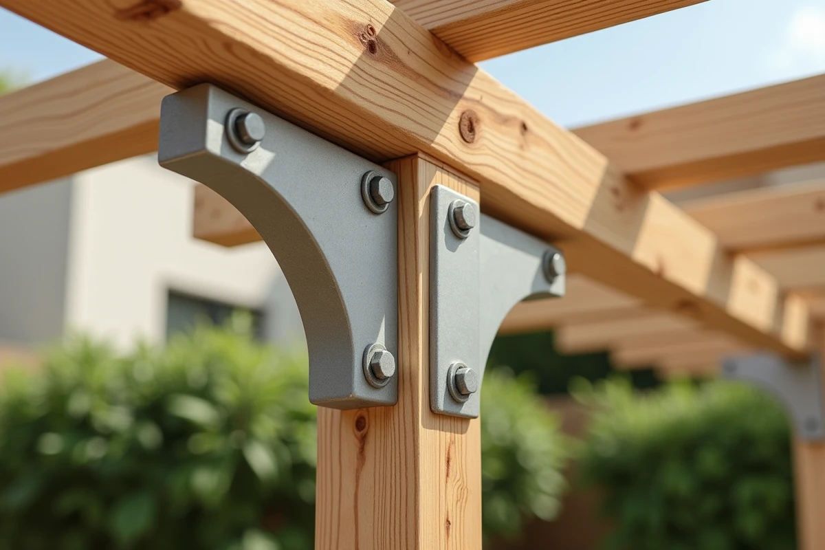 Détail d'un assemblage d'angle d'une pergola en bois avec équerre métallique galvanisée et boulons, grains du bois en pin visibles en gros plan