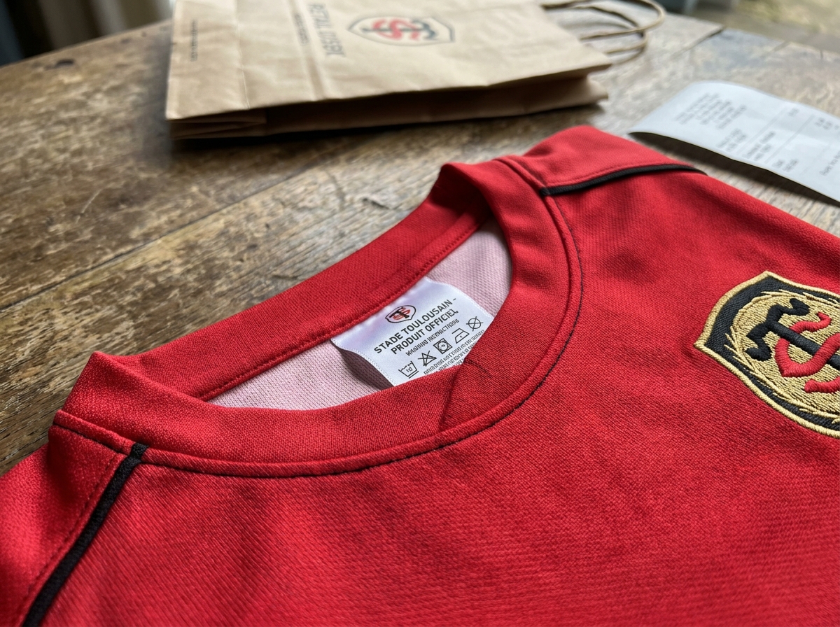 Gros plan sur les détails d'authenticité d'un maillot officiel du Stade Toulousain, écusson brodé et étiquette intérieure