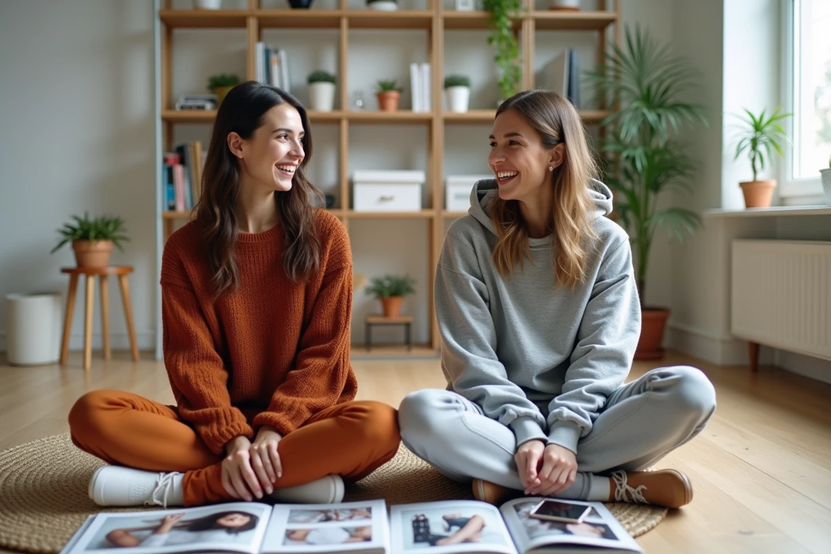 Dos jóvenes compartiendo lookbooks y tendencias de moda en un apartamento estudio contemporáneo
