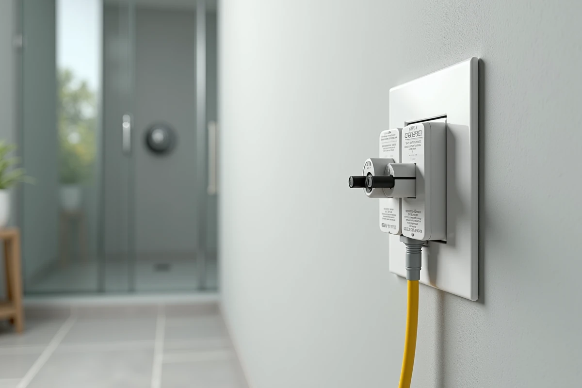 Gros plan sur un disjoncteur différentiel et un interrupteur étanche dans une salle de bain moderne
