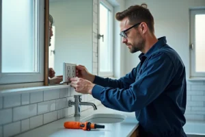 Électricien professionnel installant une prise électrique étanche dans une salle de bain carrelée en blanc