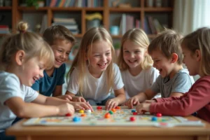 Enfants jouant à un jeu de société en intérieur