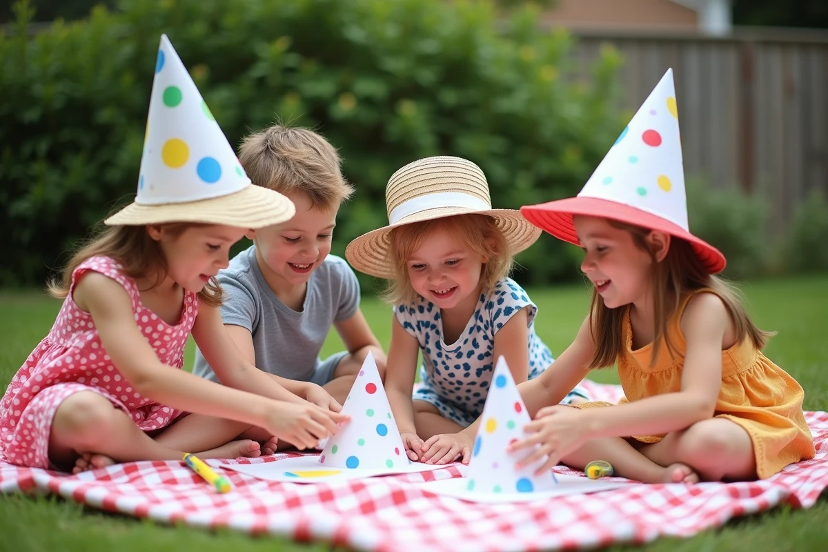 Enfants créant des chapeaux en plein air dans le jardin