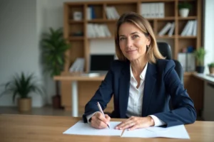 Femme rédigeant l'adresse postale sur une enveloppe officielle pour envoyer des documents à la mutuelle Pacifica