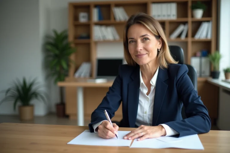 Femme rédigeant l'adresse postale sur une enveloppe officielle pour envoyer des documents à la mutuelle Pacifica