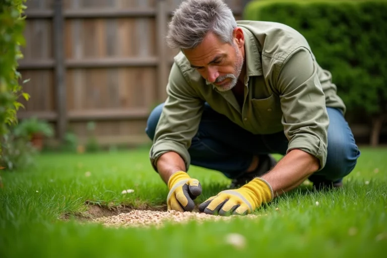 Homme épandant un engrais naturel en granulés sur un gazon vert et dense dans un jardin suburban