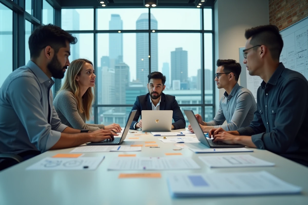 Équipe d'une agence web collaborative travaillant ensemble sur une stratégie de présence numérique autour d'une table de réunion moderne