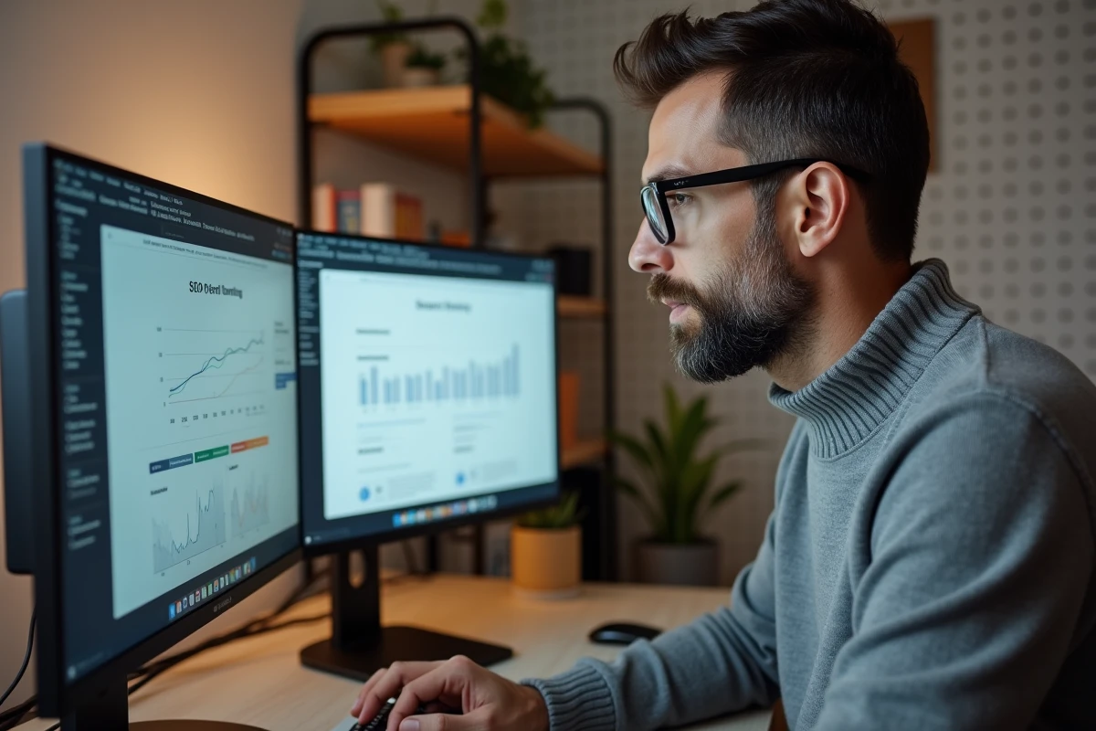Expert en marketing digital travaillant sur la refonte d'un site web et l'optimisation SEO depuis un bureau à domicile professionnel
