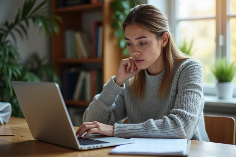 Femme comparant des offres d'assurance auto en ligne sur un ordinateur portable depuis son bureau à domicile