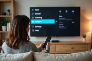 Femme utilisant une télécommande pour désinstaller une application sur sa Smart TV dans un salon moderne
