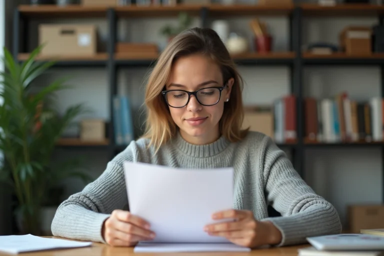 Femme consultant un document administratif officiel à son bureau pour retrouver son numéro CPF