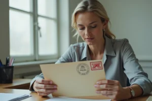 Femme examinant une enveloppe officielle avec une adresse d'expéditeur parisienne au 121 rue Manin Paris 19e
