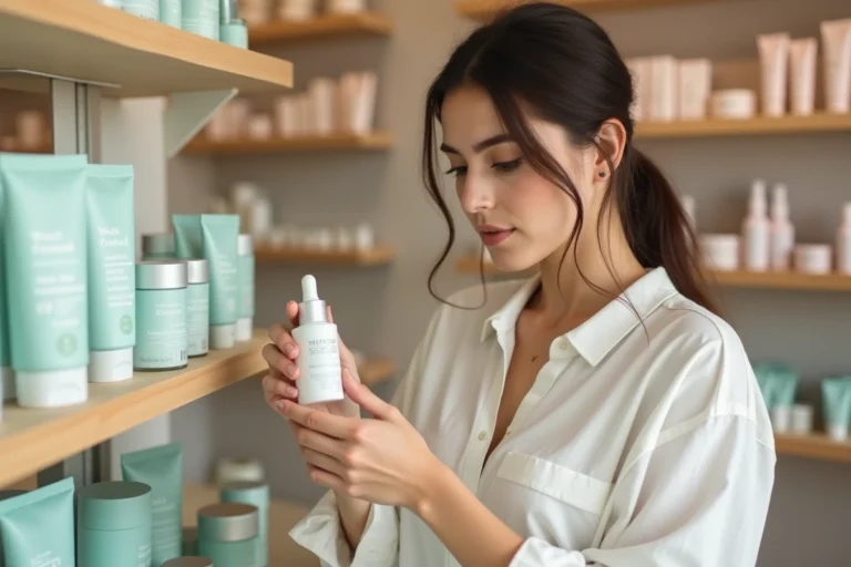 Femme lisant l'étiquette d'un produit cosmétique cruelty free en magasin Nocibé