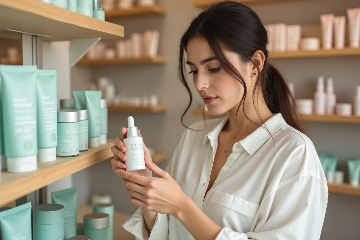 Femme lisant l'étiquette d'un produit cosmétique cruelty free en magasin Nocibé