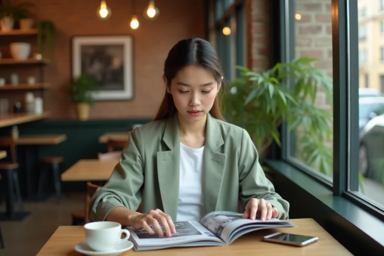 Jeune femme parcourant un magazine de tendances mode et lifestyle dans un café parisien contemporain