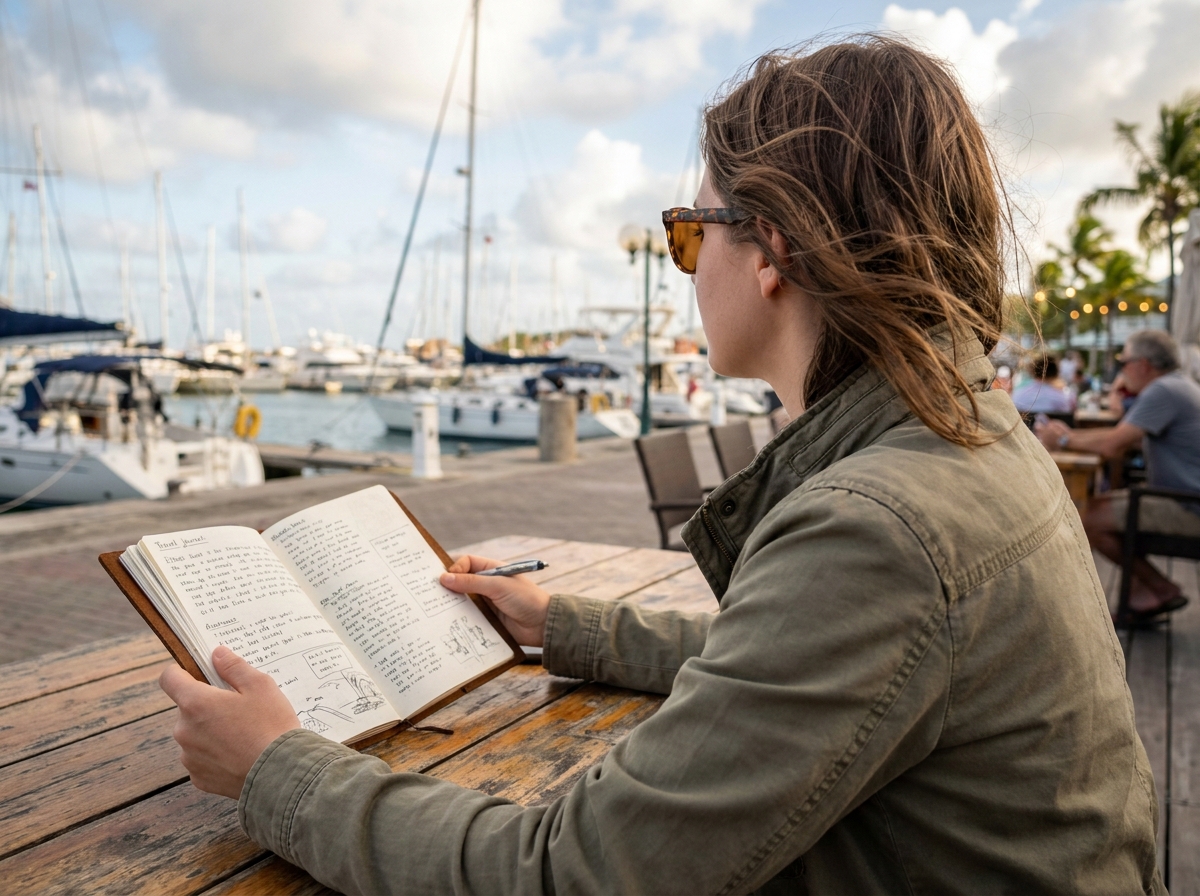 Jeune femme avec journal dans un port des Caraïbes