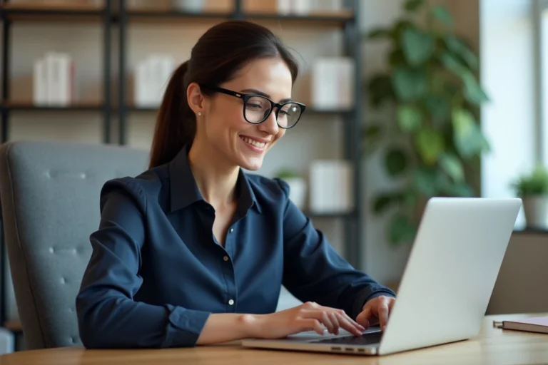 Femme professionnelle souriante dans un bureau moderne