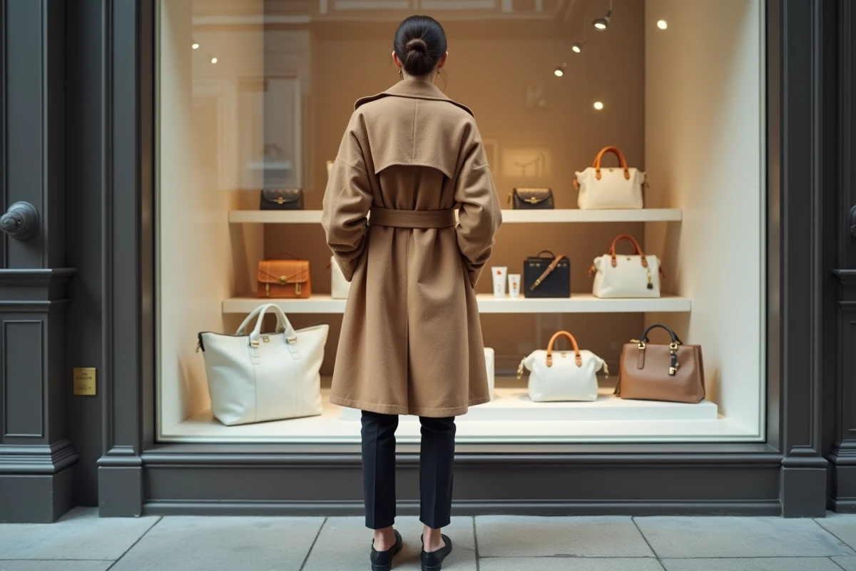 Mujer elegante observando una vitrina de boutique de tendencias con accesorios y cosméticos de temporada en la ciudad