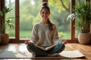 Femme souriante en yoga méditant dans un intérieur calme