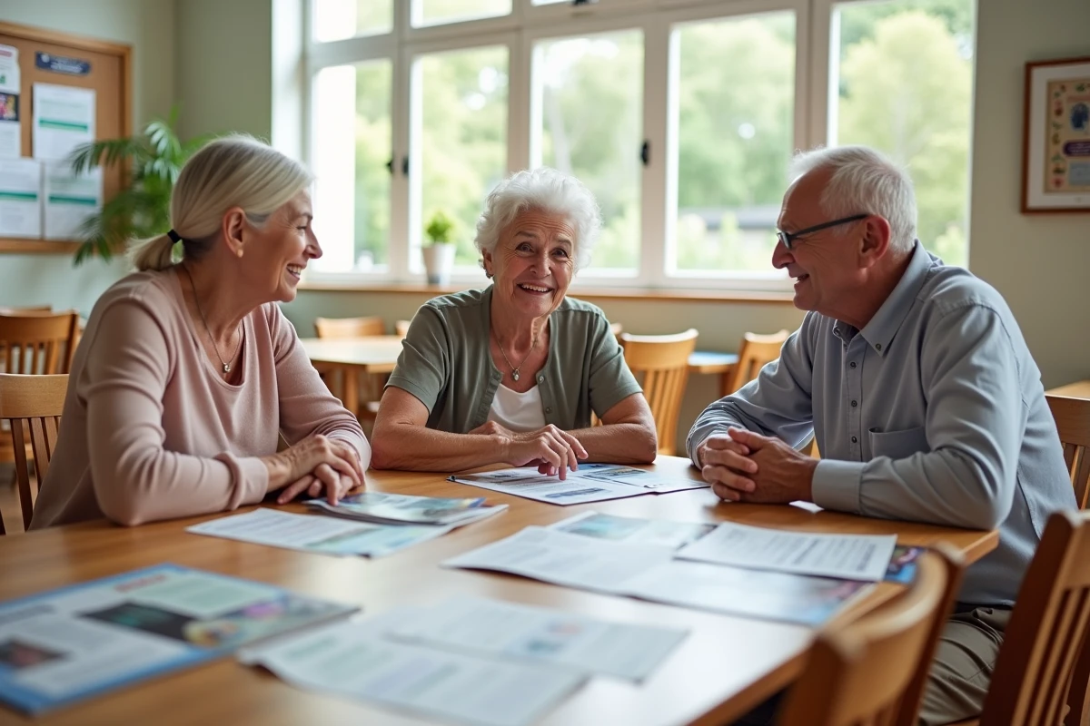 Groupe de seniors consultant des brochures de ressources et services dédiés aux personnes âgées dans un centre communautaire