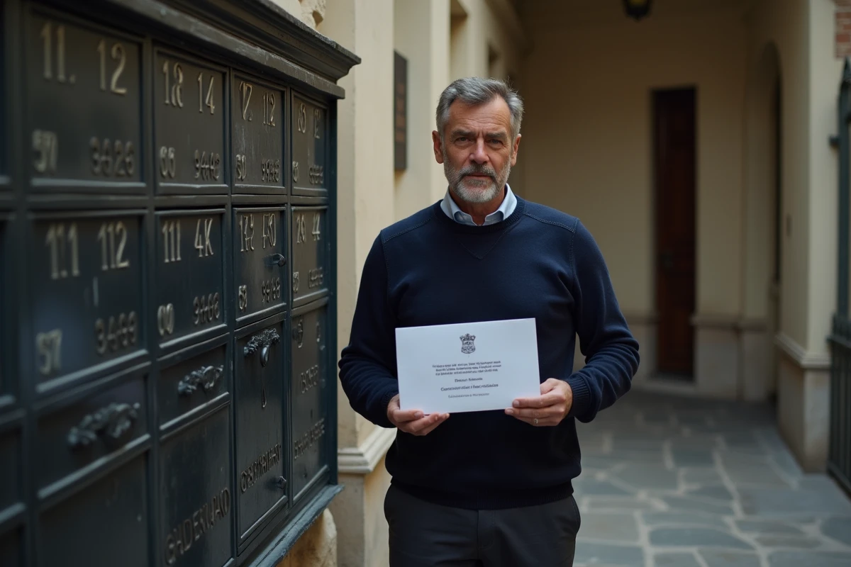 Homme tenant un courrier officiel devant les boîtes aux lettres d'un immeuble parisien style haussmannien