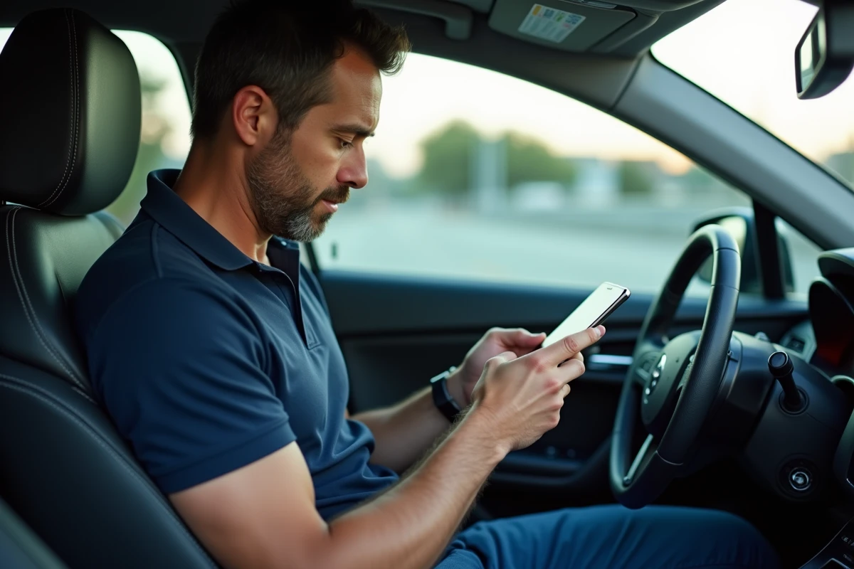 Homme gérant son contrat d'assurance auto depuis son smartphone à l'intérieur de sa voiture