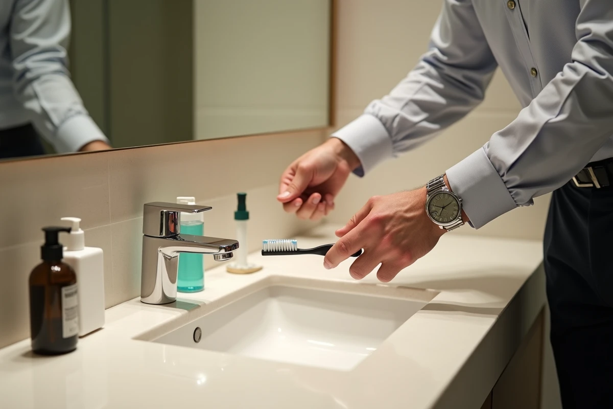 Homme japonais d affaires choisissant une brosse à dents dans la salle de bain