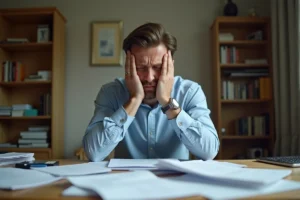 Homme stressé face à un refus de prêt Action Logement avec des documents éparpillés sur son bureau