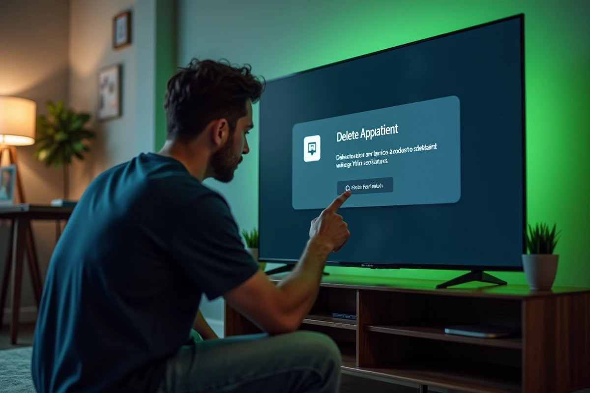 Homme naviguant dans les paramètres d'une Smart TV pour supprimer une application installée