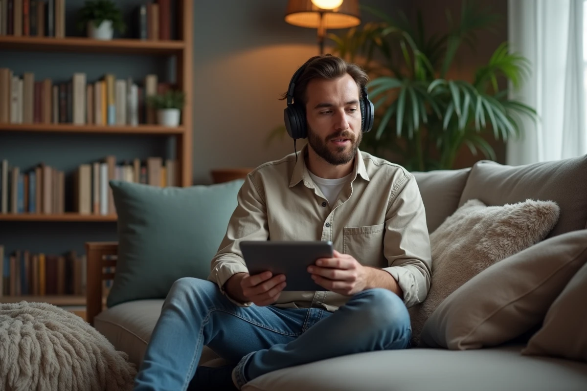 Homme avec casque parlant sur tablette dans le salon