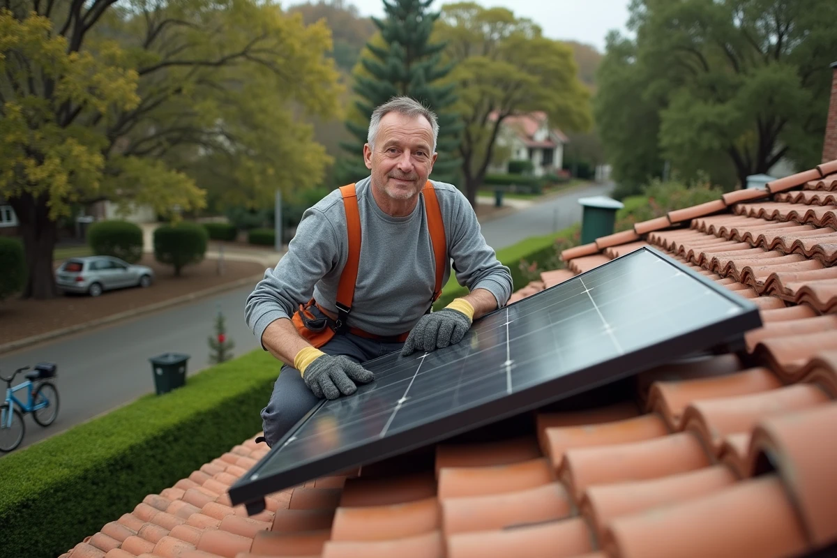 Homme installant des panneaux solaires sur le toit d'une maison de banlieue