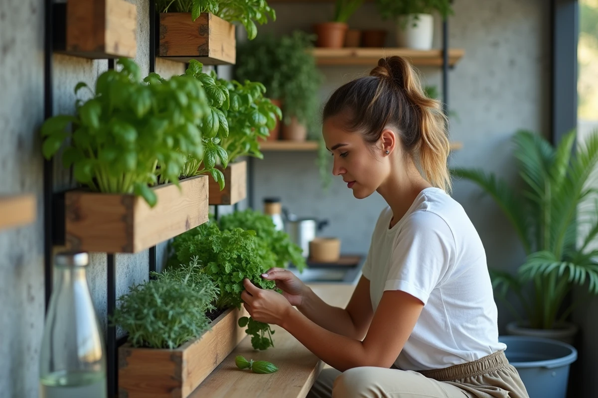 Jeune femme entretenant un jardin vertical intérieur dans un appartement moderne et durable
