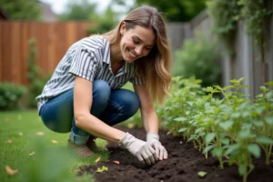 Femme souriante plantant des tomates dans son jardin