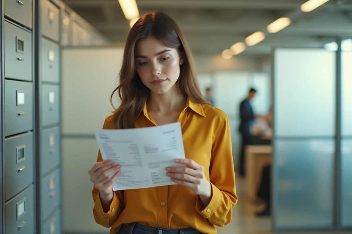 Jeune femme vérifiant son numéro CPF sur une fiche de paie dans un bureau professionnel