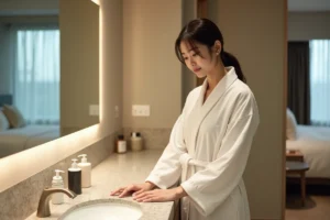 Jeune femme japonaise en peignoir blanc dans une salle de bain moderne